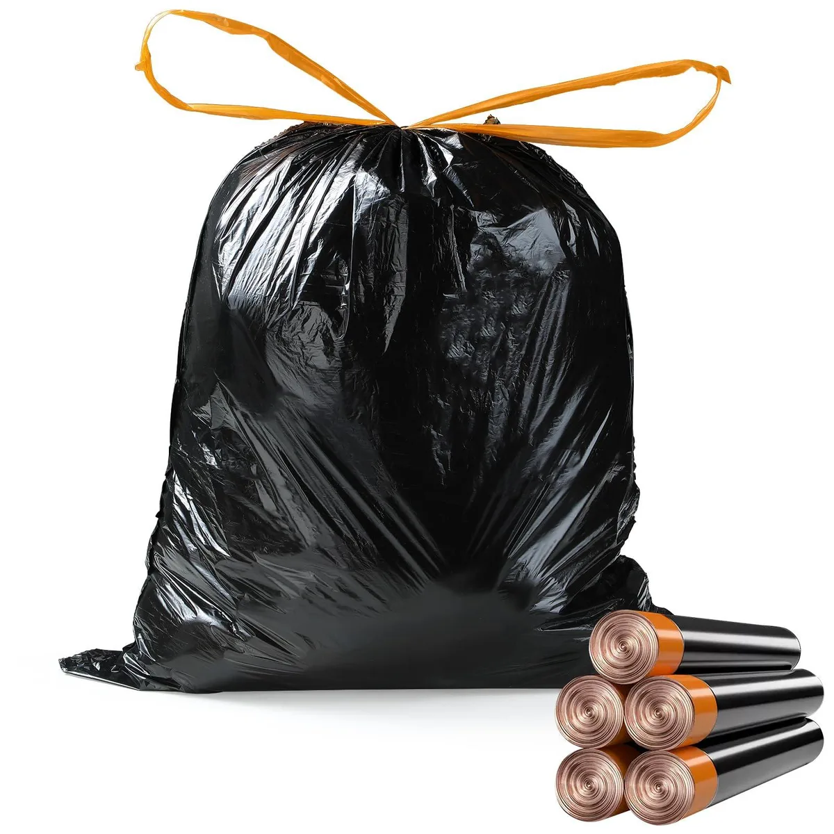 Twelve black polyethylene drawstring bags, 19.6 by 14.9 inches, 0.01 inch thick, 75 count per roll