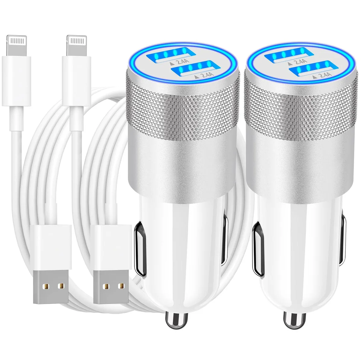 Two white car chargers with attached Lightning cables