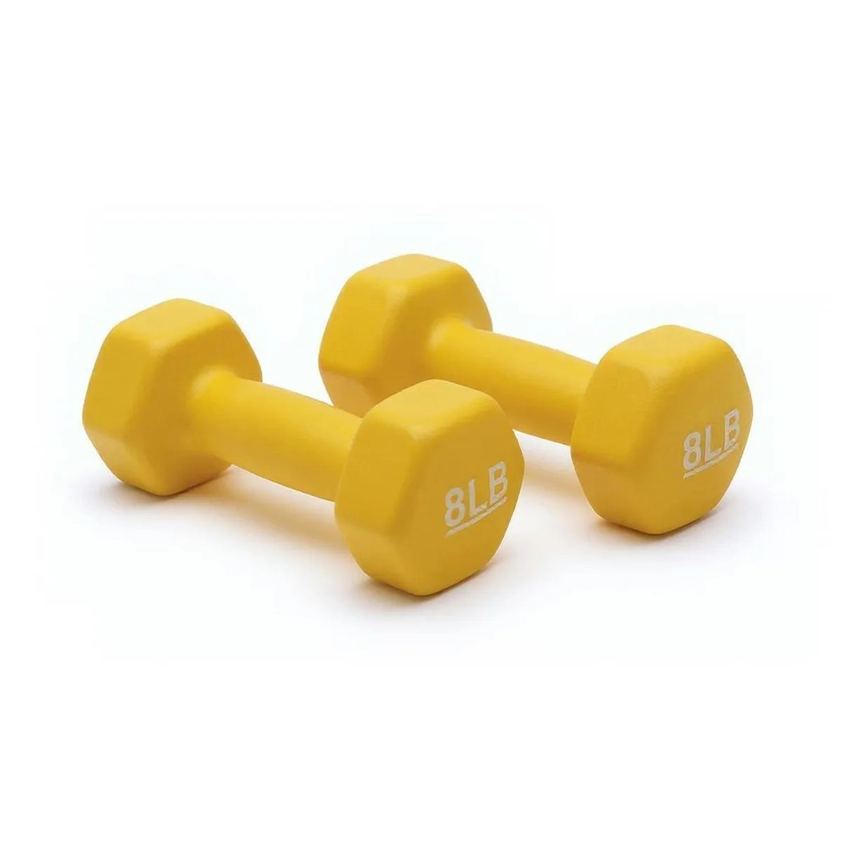 A pair of yellow neoprene-coated hex dumbbells with printed weight numbers on the ends