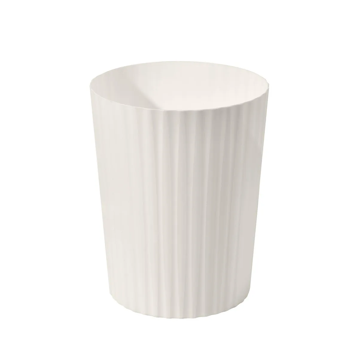 Twelve beige plastic 2 gallon bins with vertical stripe texture