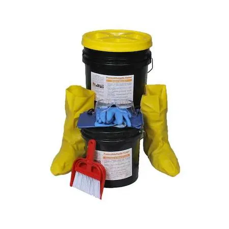 Tan 2 gal bucket spill kit with goggles, aprons, boot covers, gloves and broom