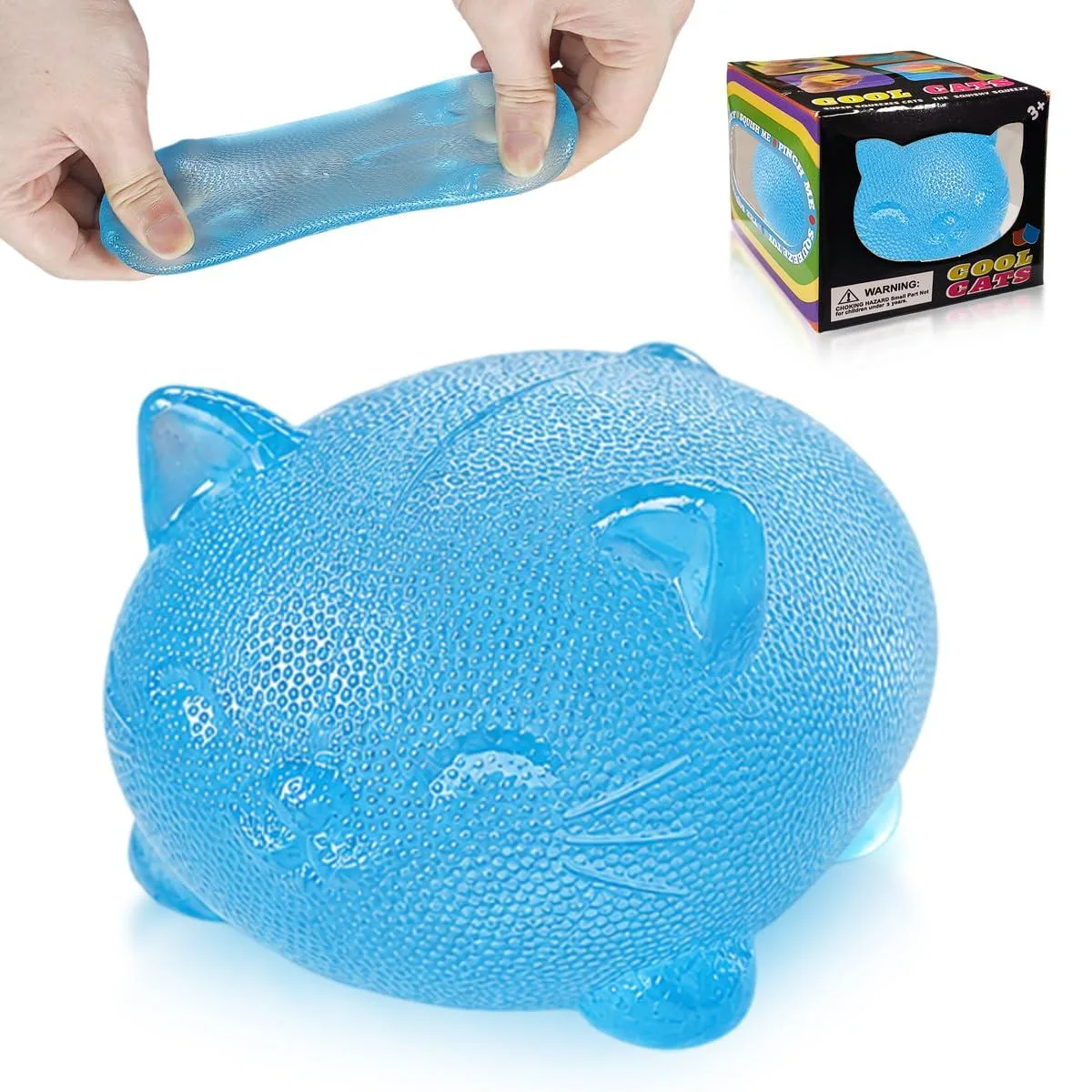 Blue cat-shaped squishy stress ball, soft matte finish, 3 inches