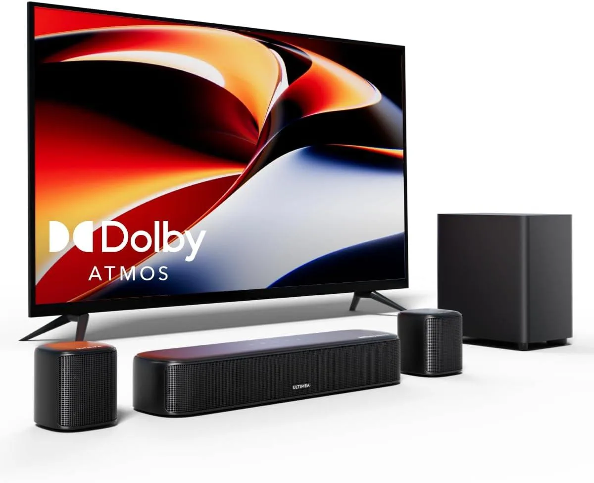A sound bar, wireless subwoofer and two surround speakers in matte black finish