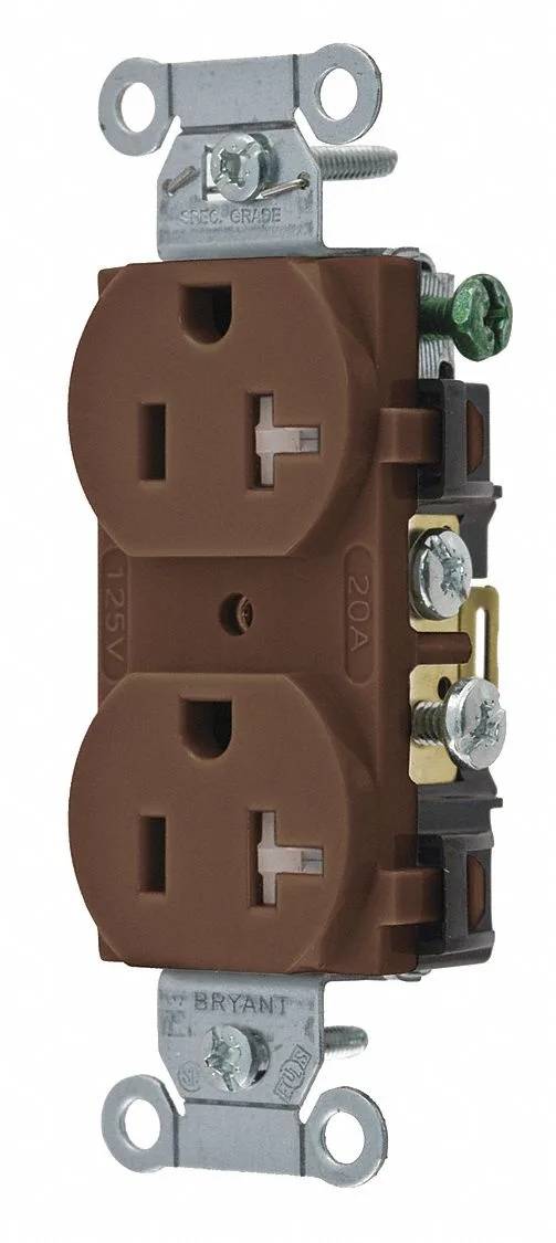 Brown nylon duplex receptacle with two tamper-resistant slots and a grounding hole