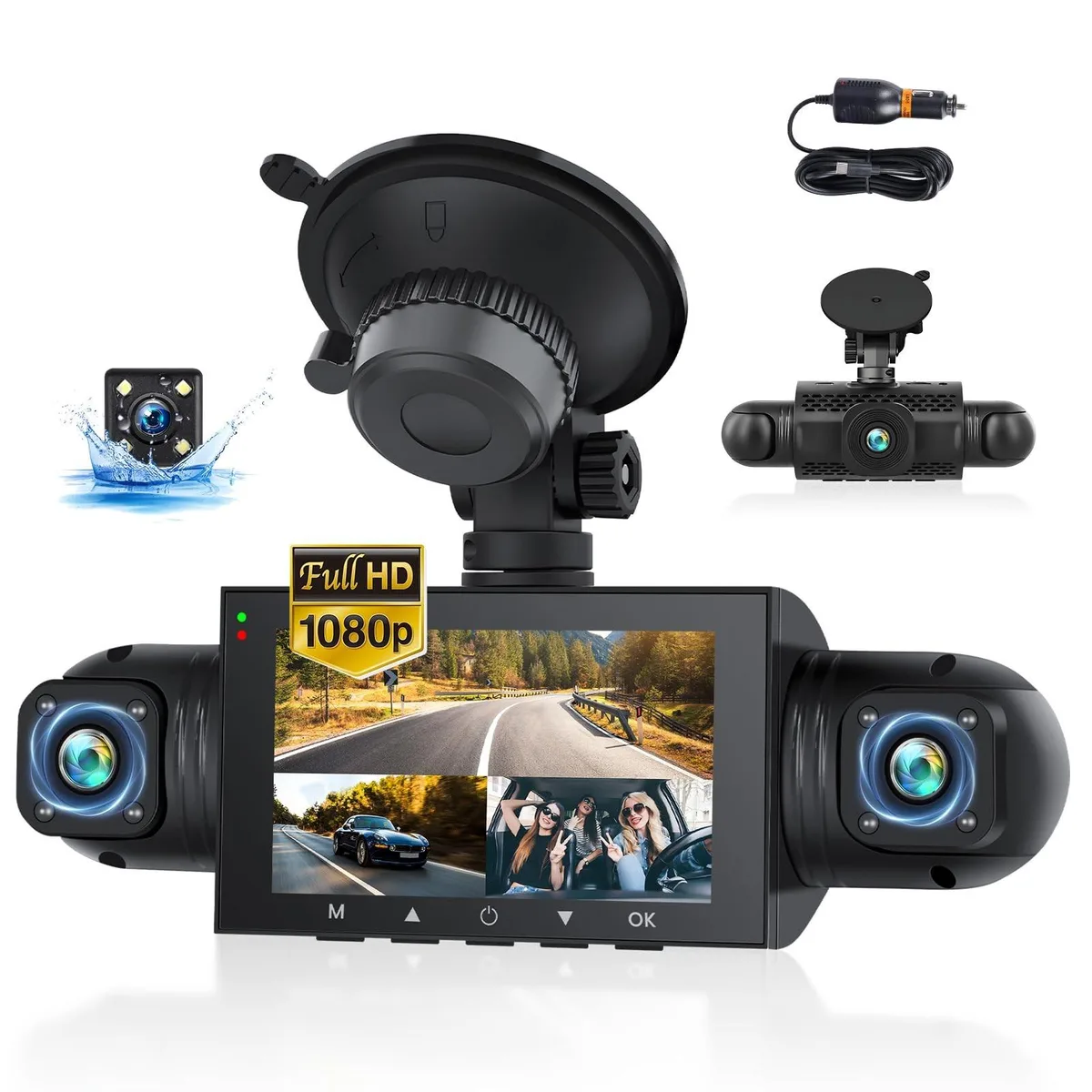 Black rectangular dash cam unit with four adjustable camera lenses and a three-inch screen