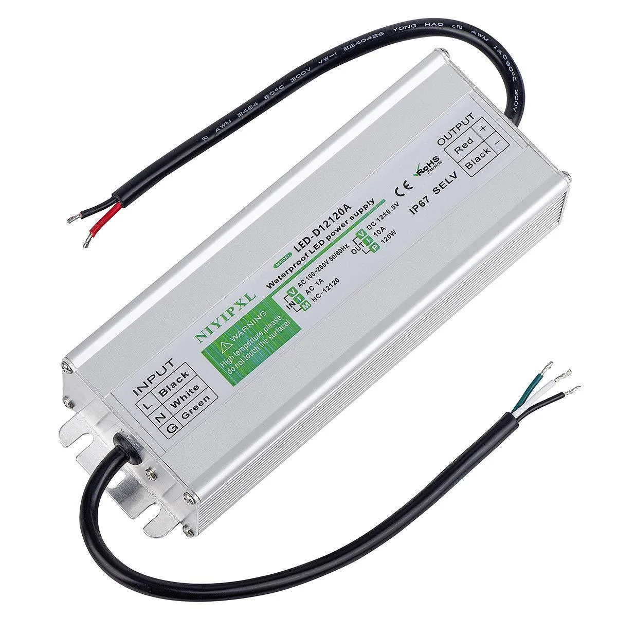 Silver rectangular IP67 power adapter with aluminum housing