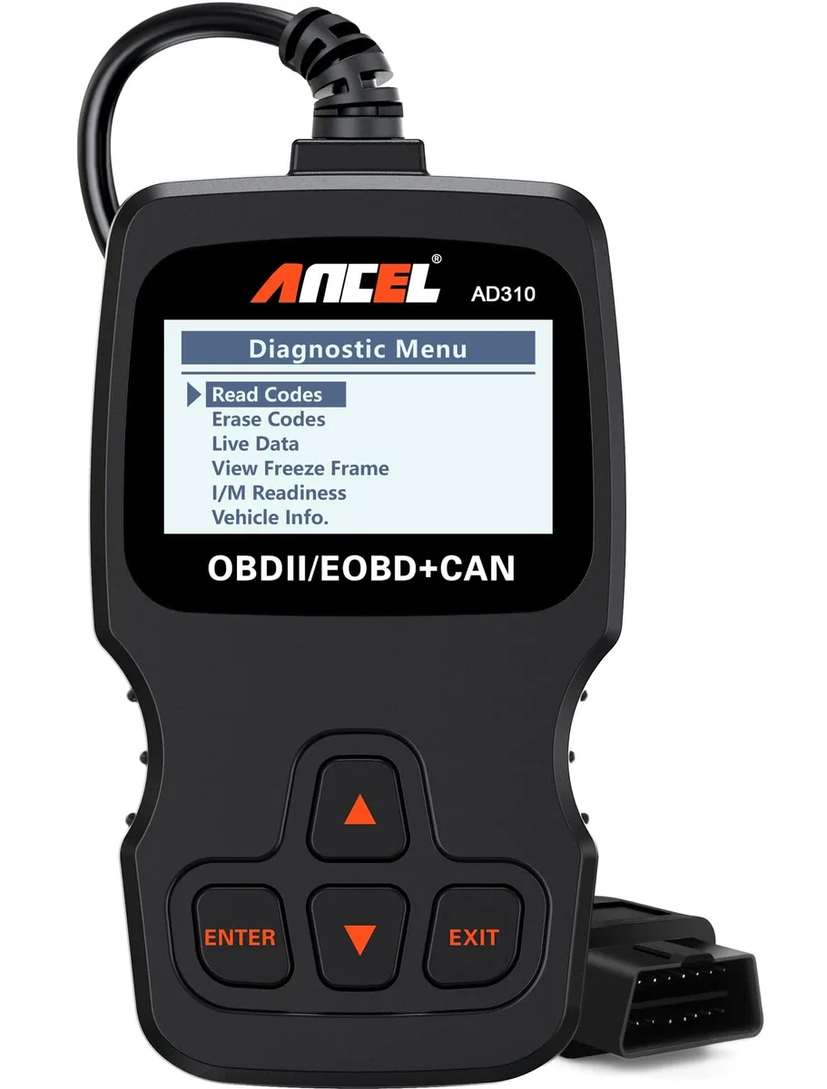 Black Ancel AD310 OBD II scanner, compact rectangular unit with screen and buttons, thick 2.5 foot cable attached