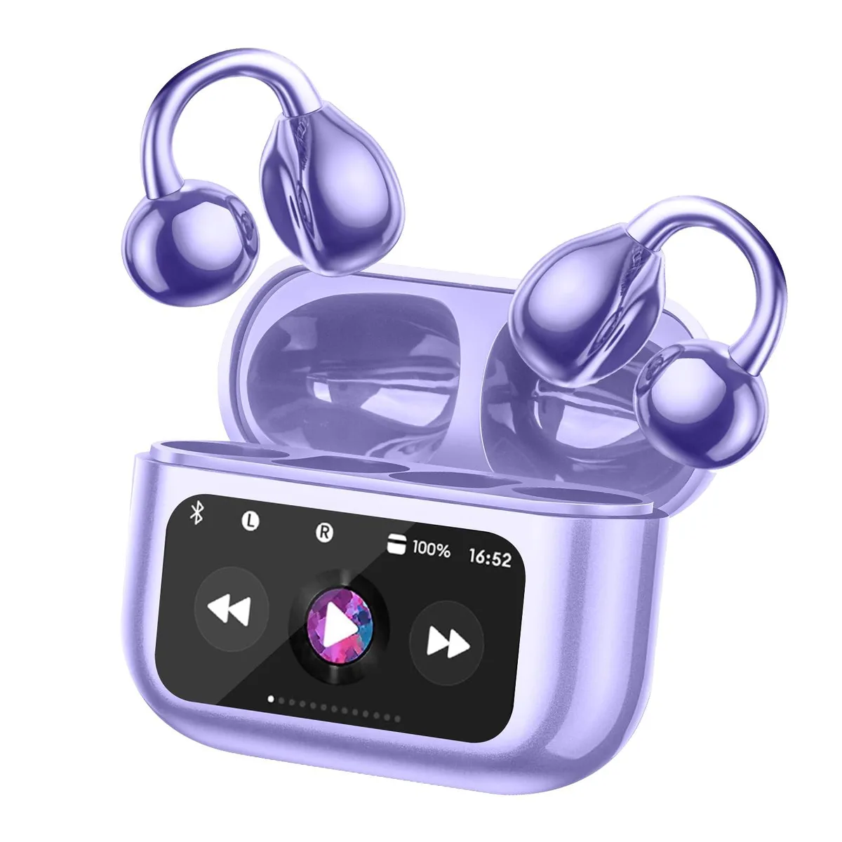 Purple open-ear bone conduction earbuds with digital display charging case