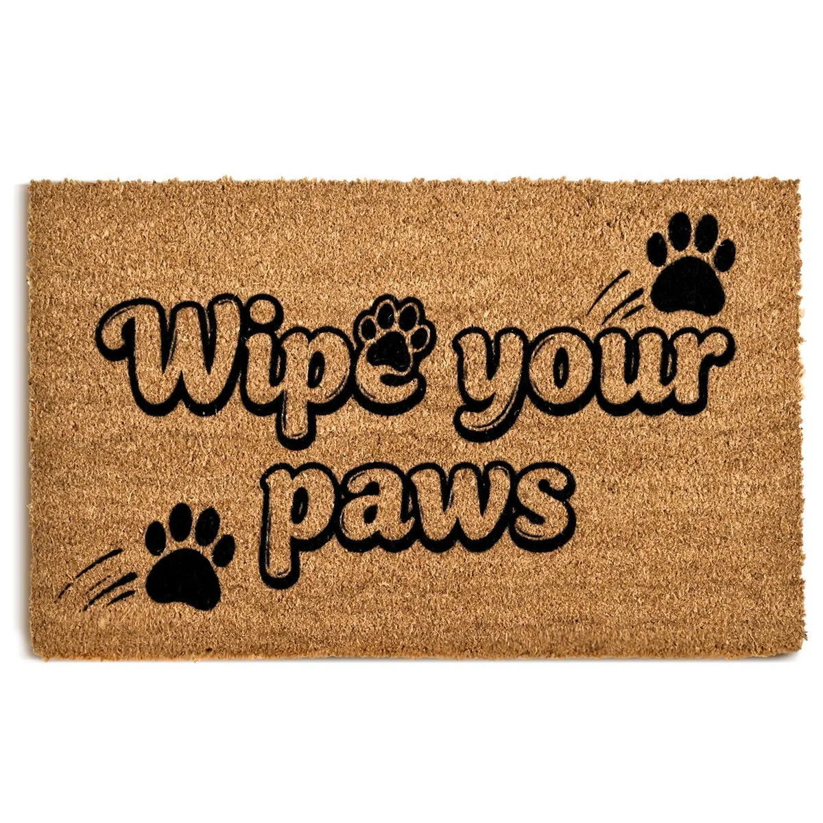 Rectangular natural coir doormat with "Wipe Your Paws" text, brown fibres, black PVC backing