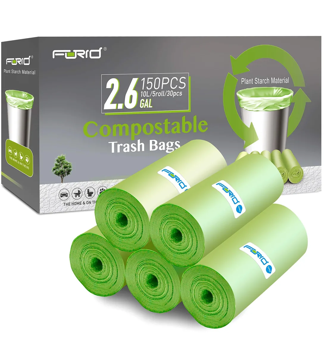 Green compostable garbage bags in a 150-count pack, 2.6 gallon capacity
