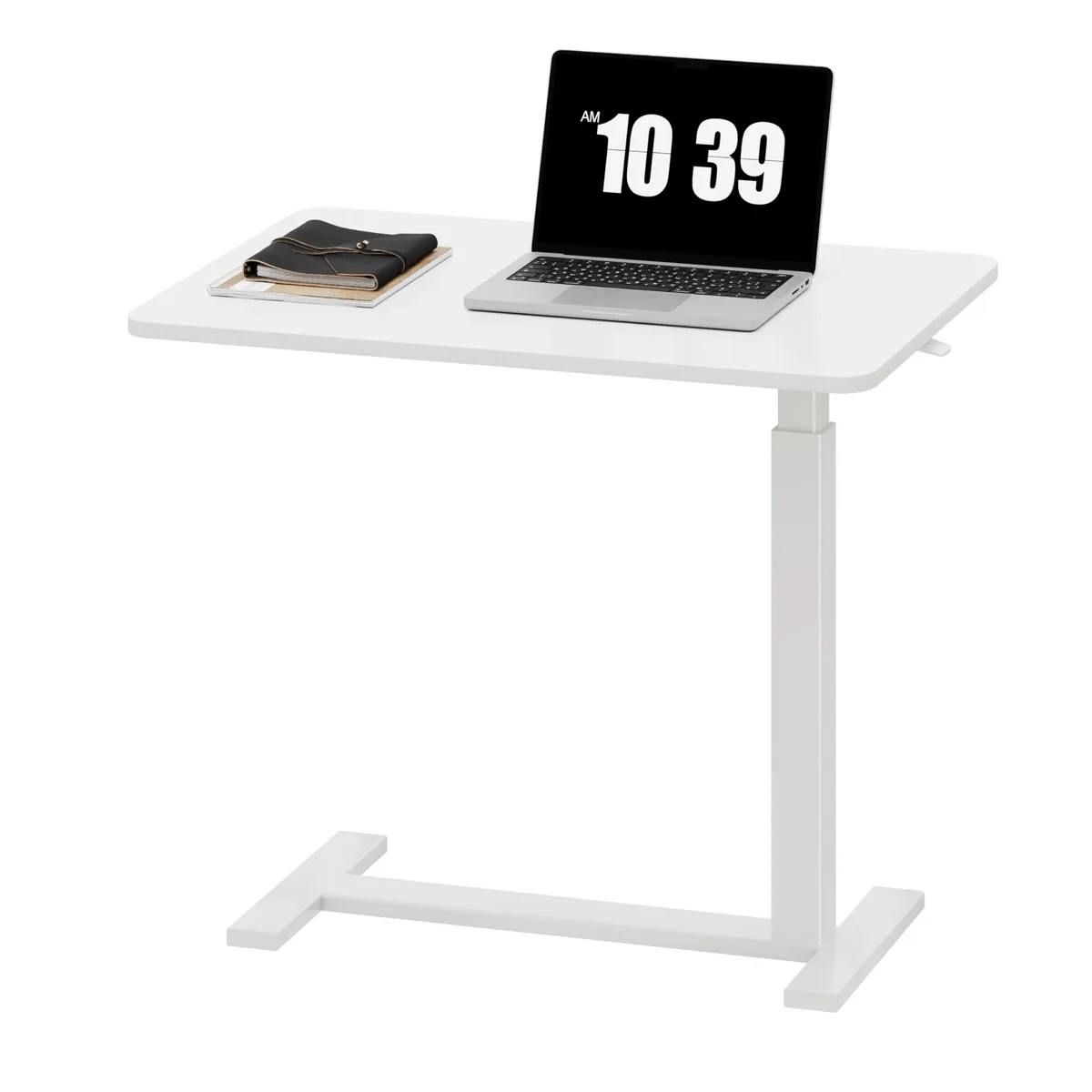 White rectangular overbed table on four wheels, painted wood top, metal frame, 27.56in wide, 43.31in high