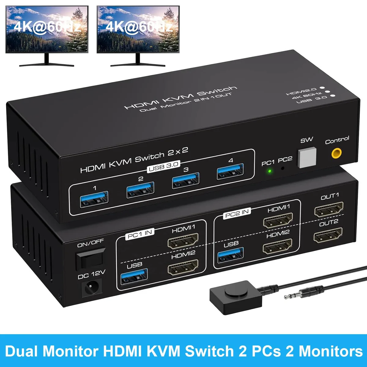 IHDAPP IHDAPP Dual Monitor HDMI KVM Switch SW220 2 Port 4K 60Hz 4 USB 3.0 — product photo