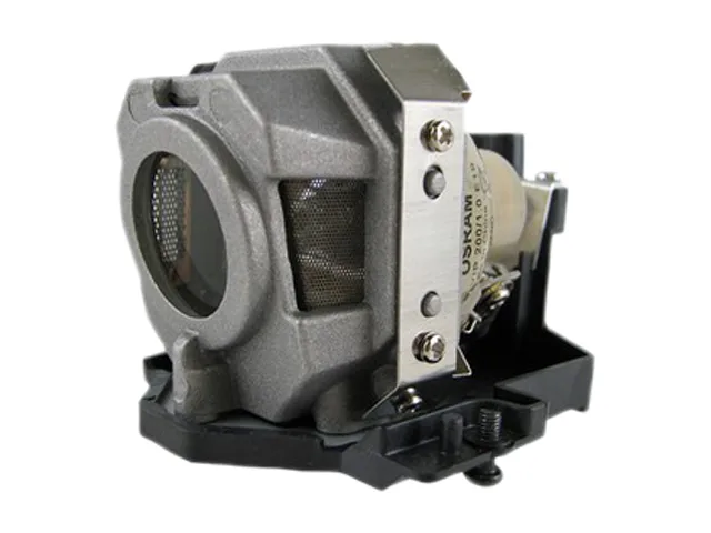Rectangular projector lamp module with metal housing and glass bulb visible