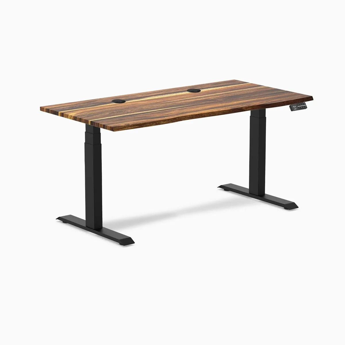 Desky Desky Dual Hardwood Sit Stand Desk Pheasantwood 60 x 30 inches Grommets Matte Black office furniture — product photo