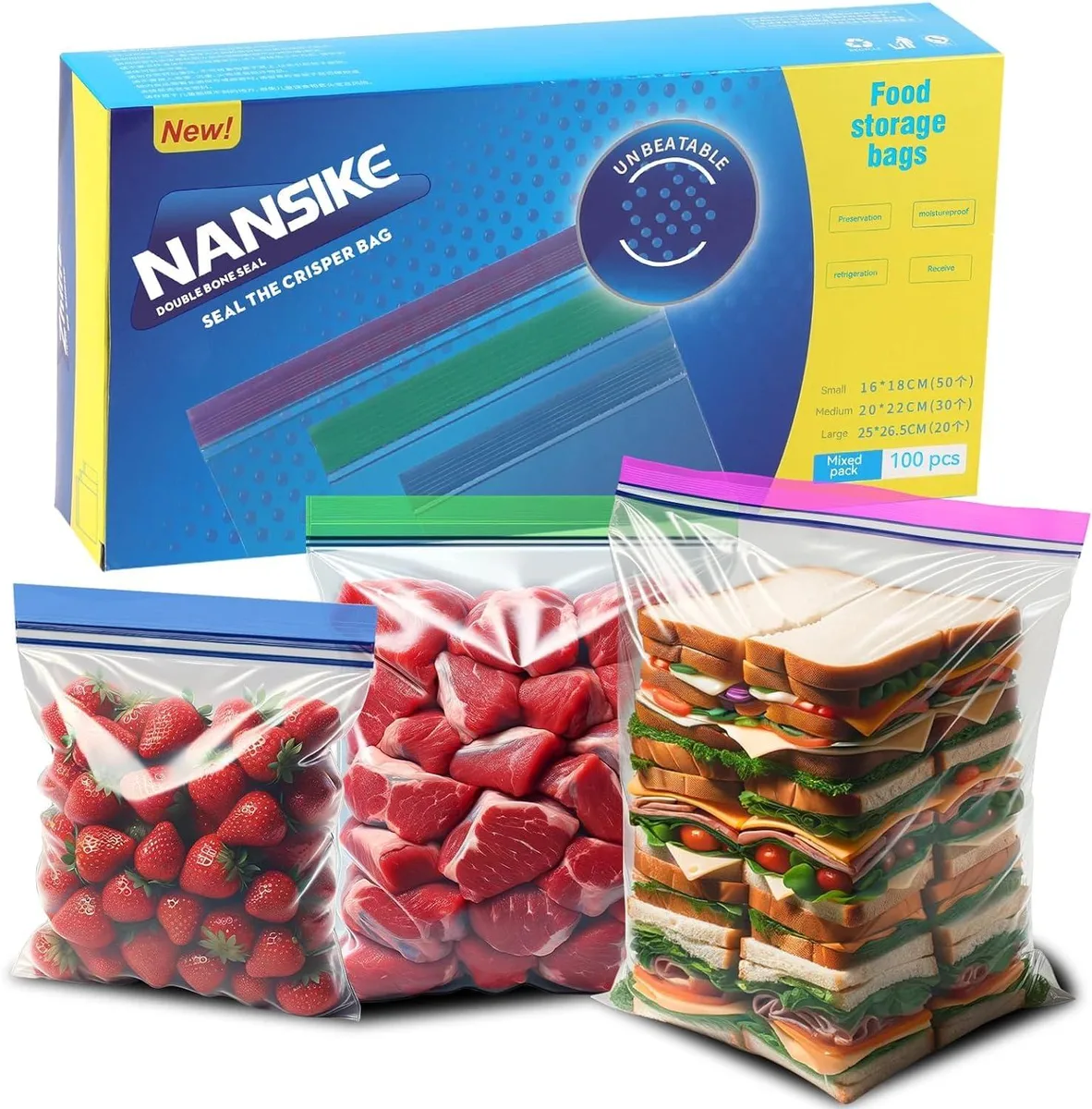 Pack of 100 medium beige freezer bags with double zipper seal