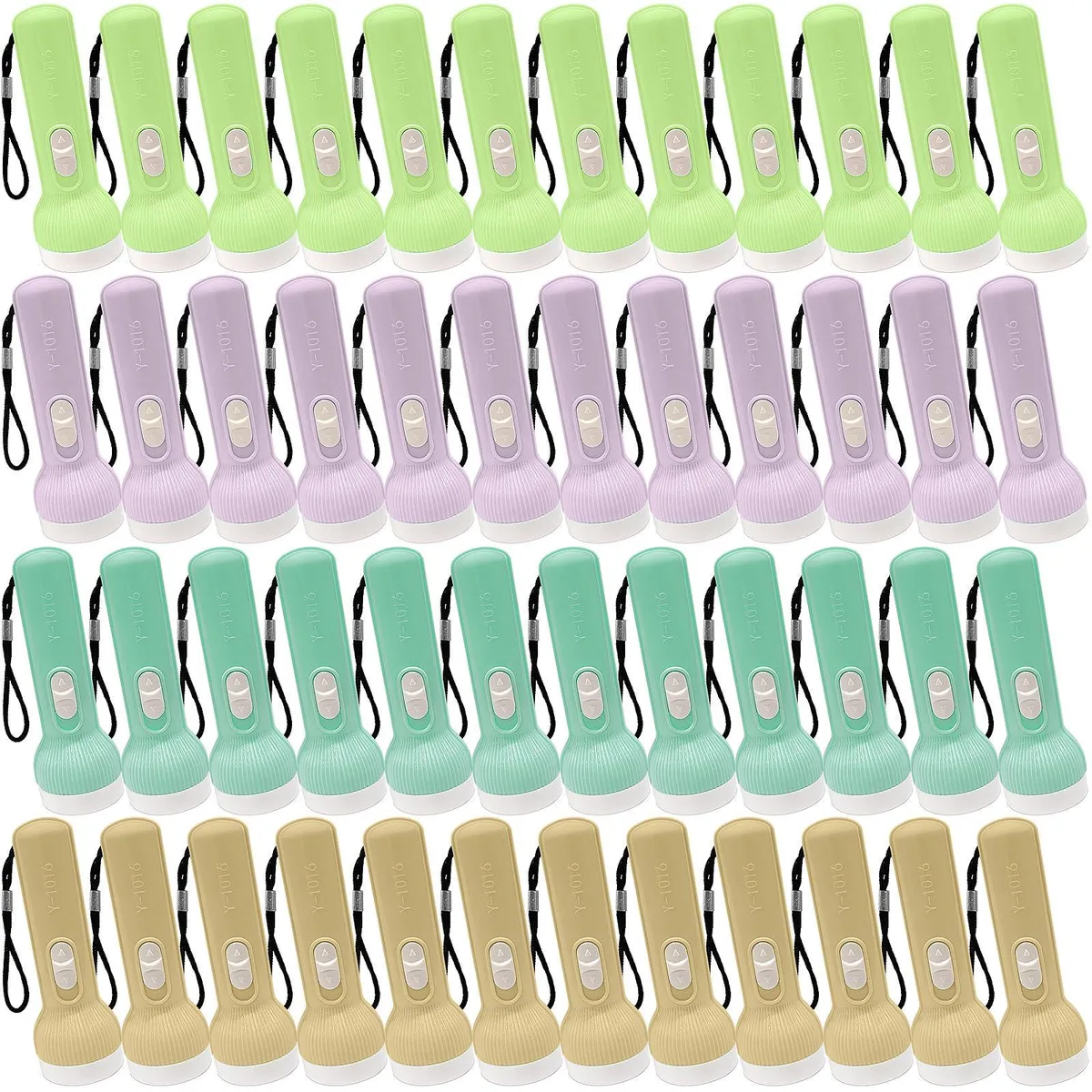 Fifty small plastic keychain flashlights in assorted colours with lanyards