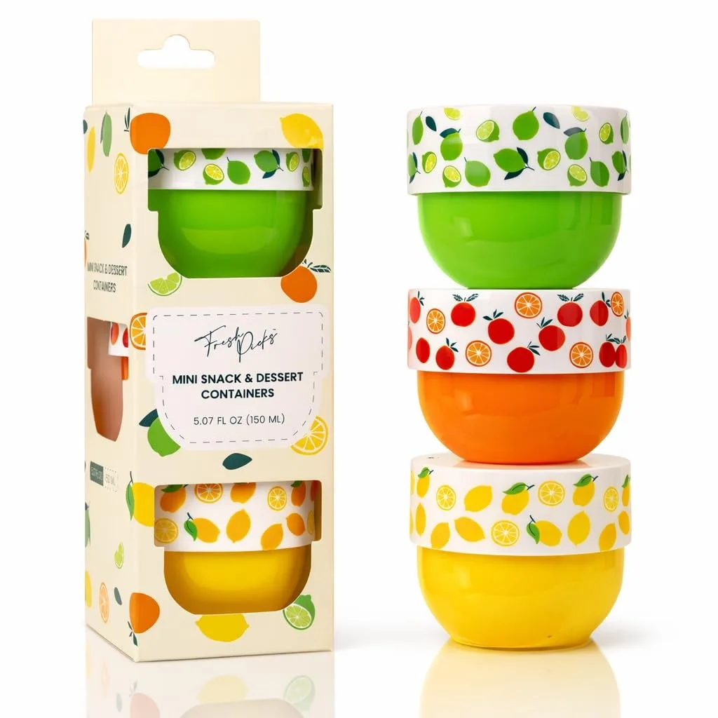 Four small red food storage cups with lids
