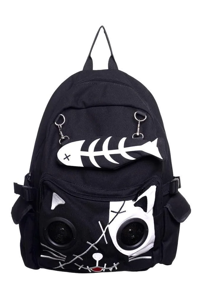 White backpack with kitty face design, built-in speakers, detachable fish bone purse, padded back, adjustable straps