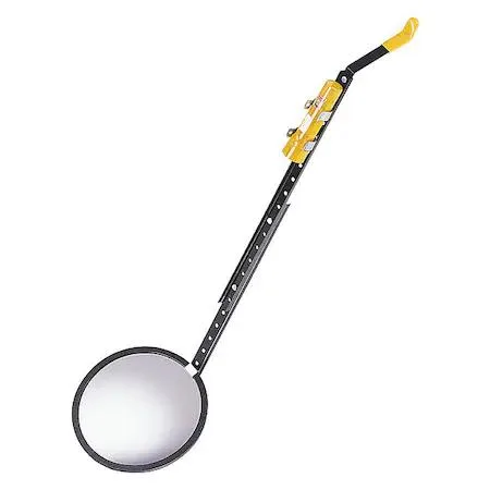 Round glass mirror on metal head with steel shaft extending to 50 inches, all-angle ball joint and wheels