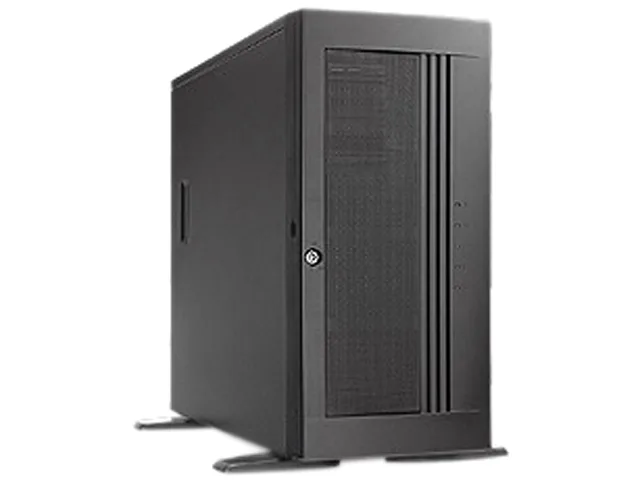 Silver tower server chassis with three 5.25-inch bays and four hot-swap drive bays