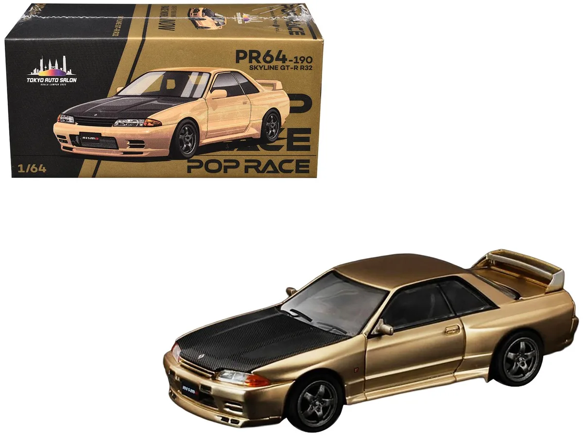 Pop Race Pop Race Skyline GT-R R32 RHD Chrome Gold Carbon Hood Tokyo Auto Salon 2025 1/64 Diecast Hobby Collectible — product photo