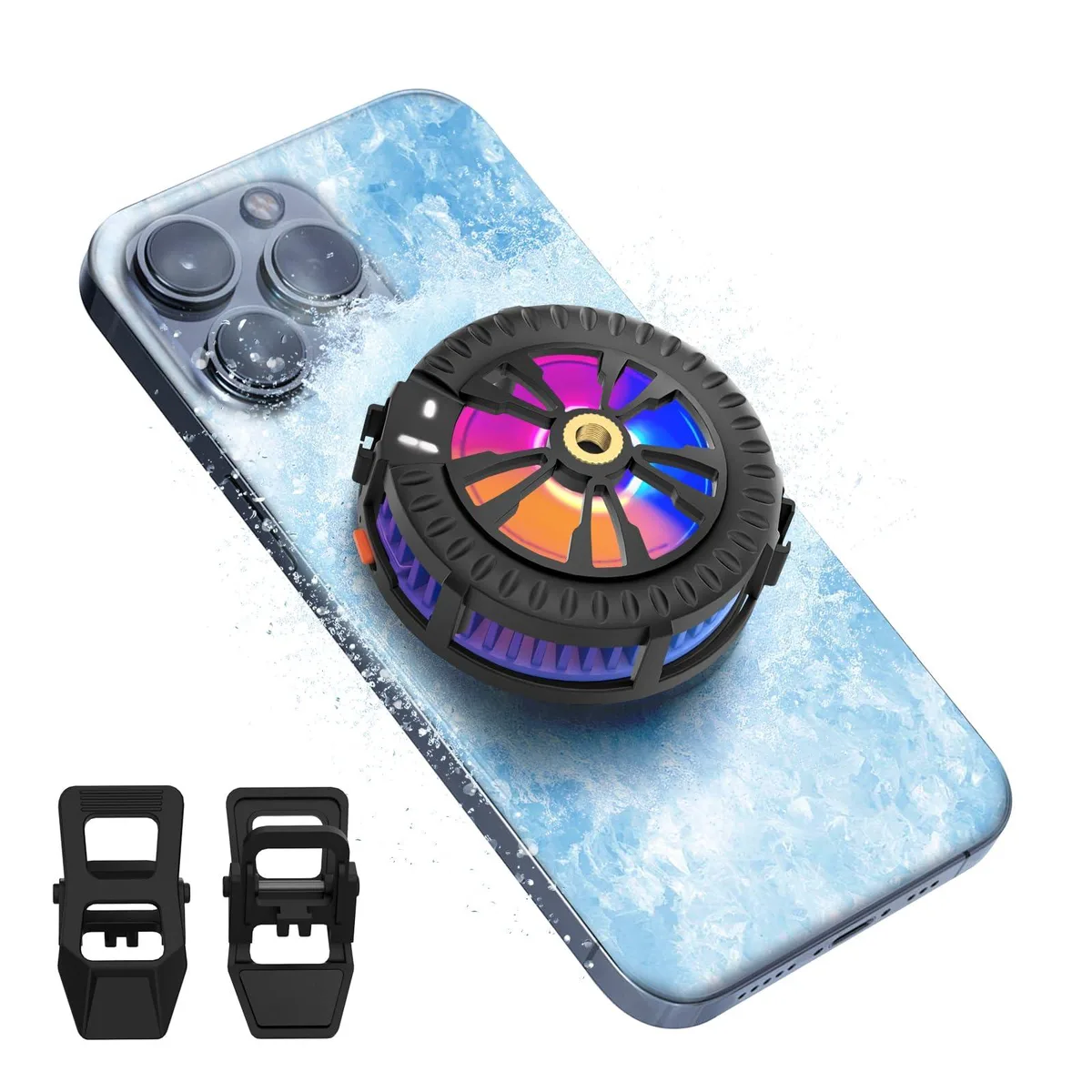 Compact square phone cooler with magnetic back, Type-C cable, temperature display and coloured LED lighting
