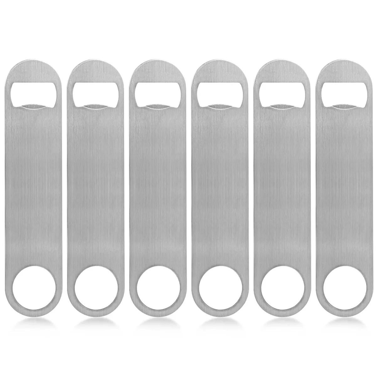 Six flat stainless steel bottle openers with rounded ends and hanging holes