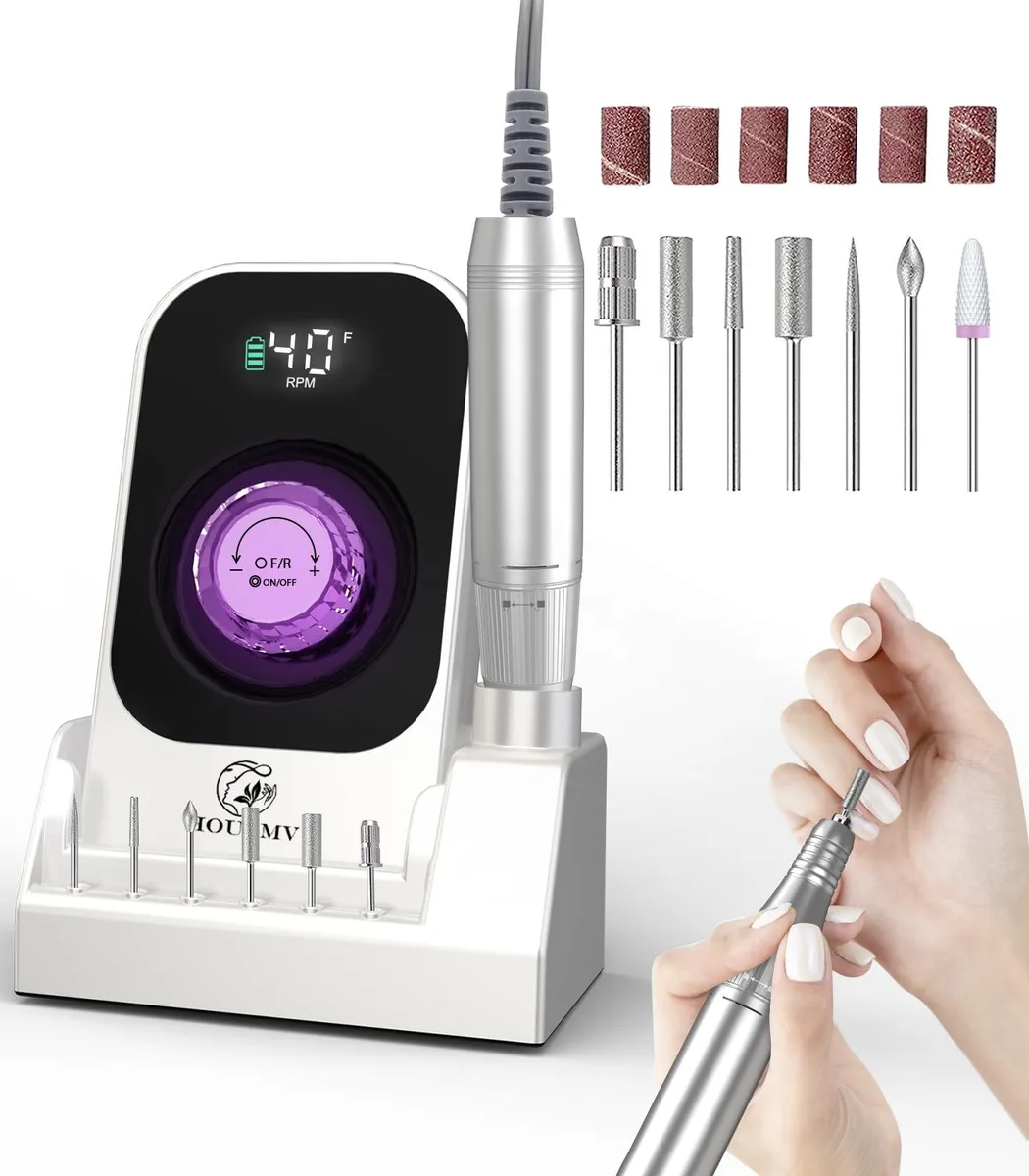 White cordless nail drill handpiece with LCD screen and belt clip, aluminum finish, compact pen shape