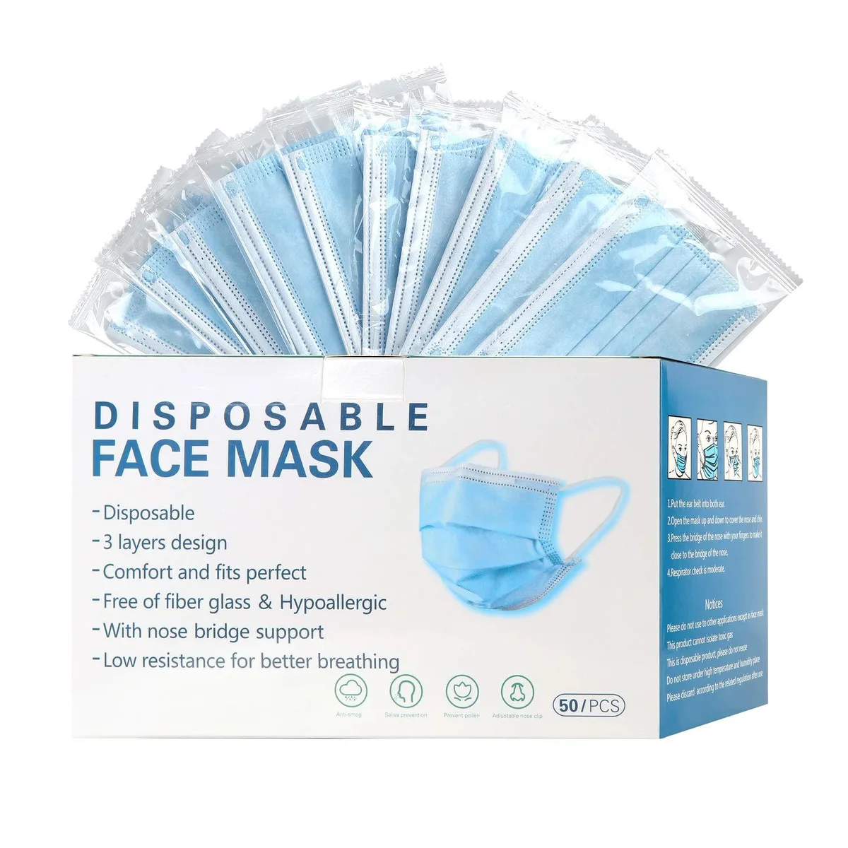 Blue disposable face masks individually wrapped in a 50-count box