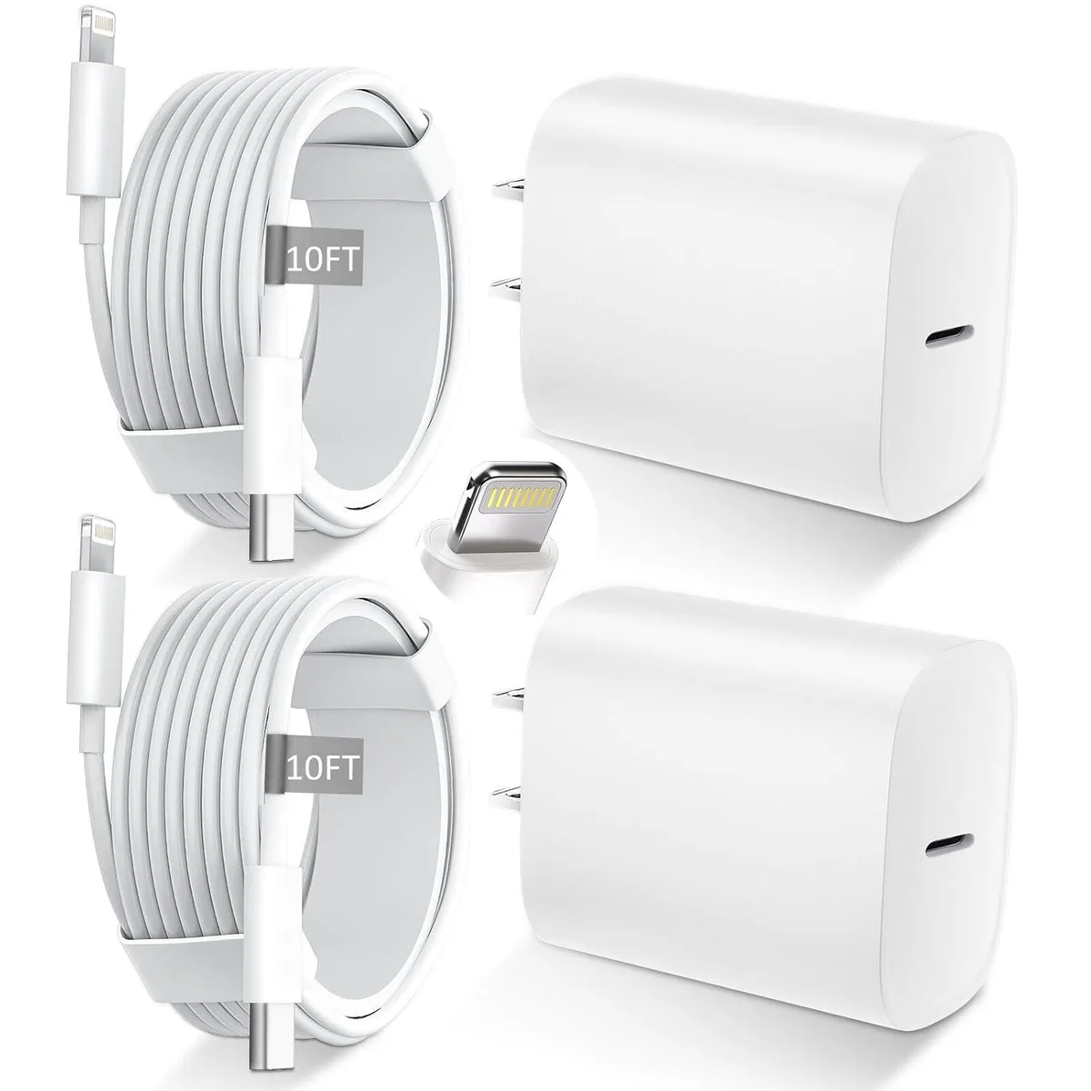 Two white USB-C to Lightning cables coiled together, 10 ft each