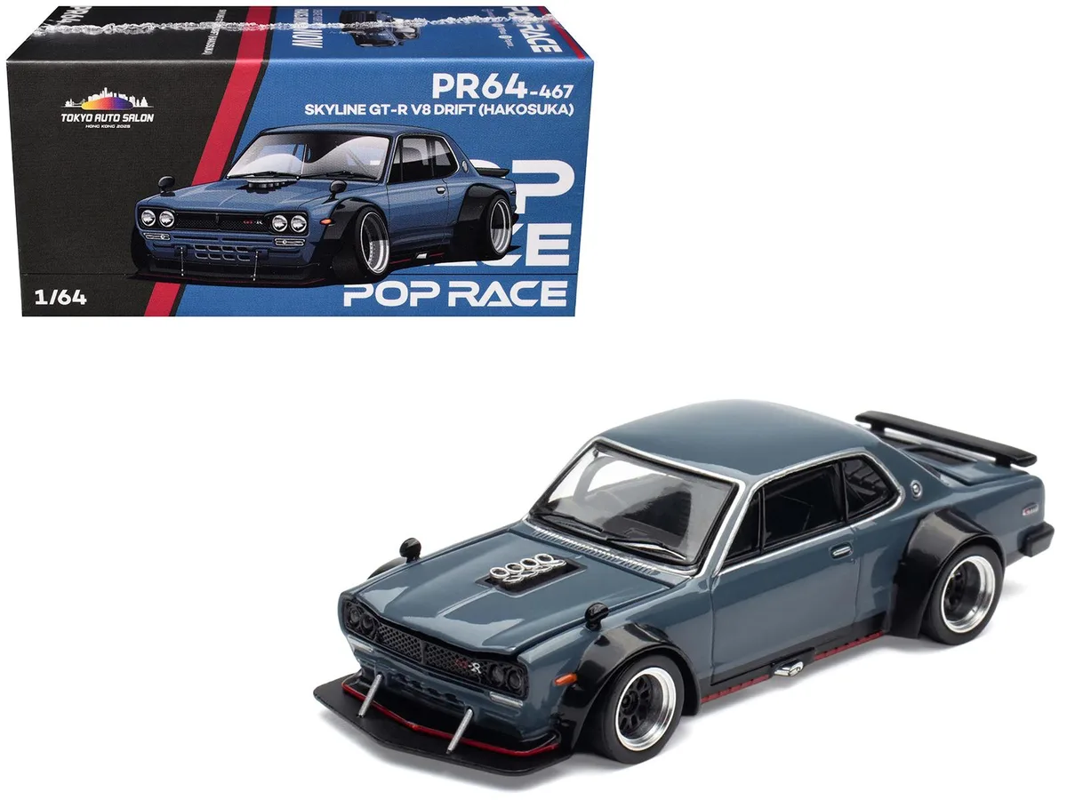 Pop Race Pop Race Skyline GT-R V8 Drift Hakosuka RHD Gray Tokyo Auto Salon Hong Kong 2025 1/64 Hobby Collectible — product photo
