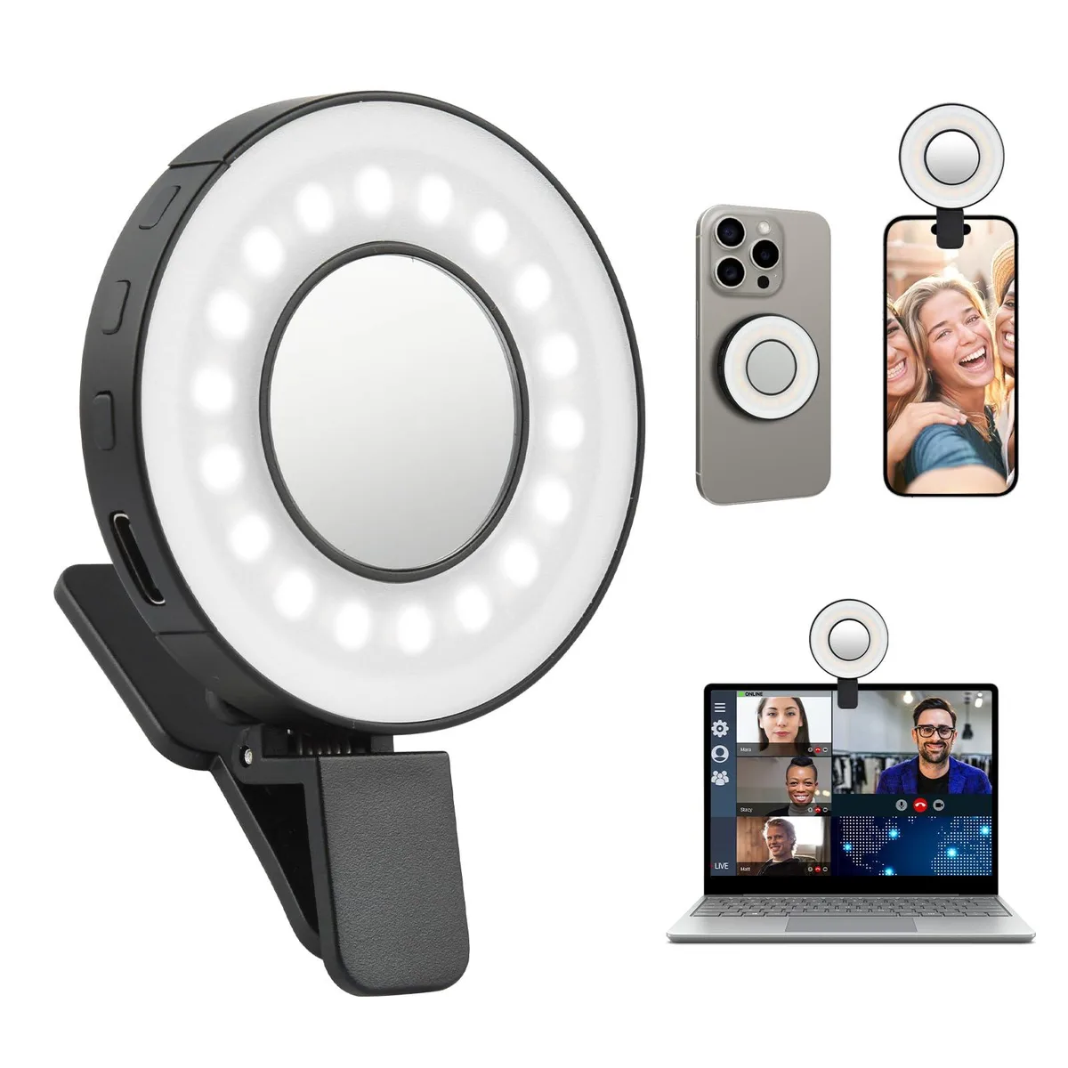  UTEBIT 3-Colour Selfie Ring Light MagSafe Clip 18 LED 300mAh 2.2in — product photo