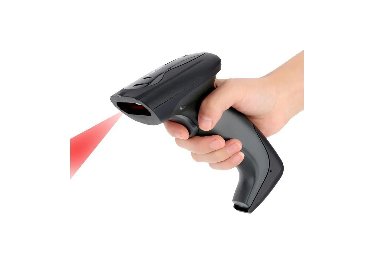Black handheld wired barcode scanner with trigger button and IP45 rating