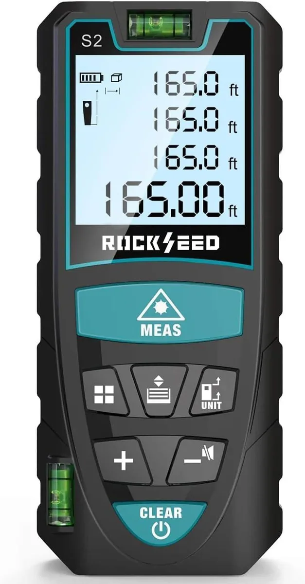 Compact blue ABS laser distance meter with backlit LCD and wrist strap