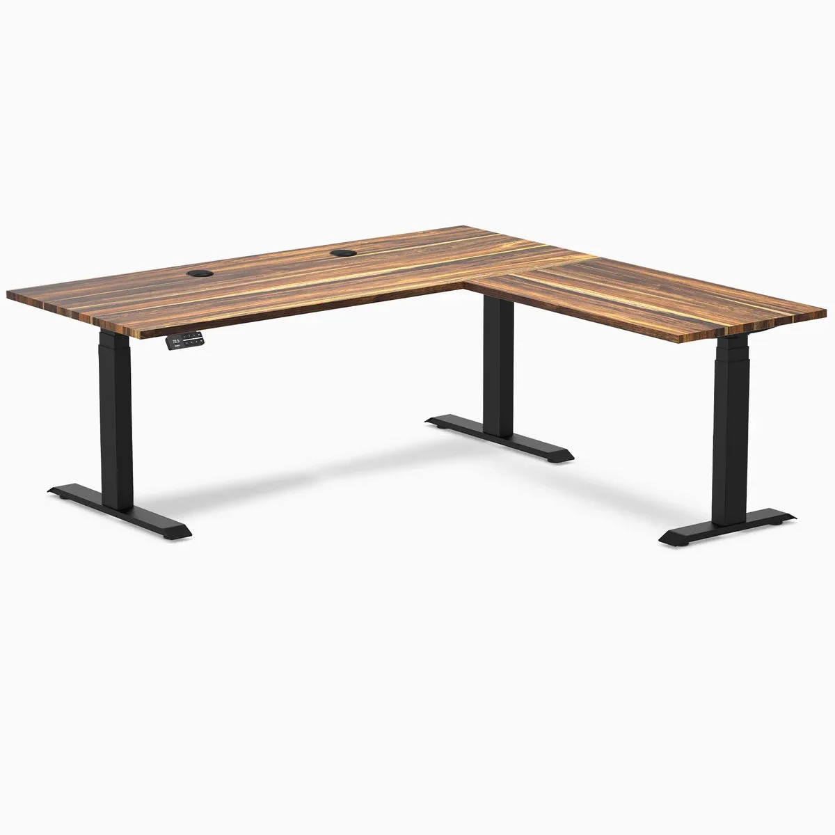 Desky Desky Hardwood L-Shape Sit Stand Desk Pheasantwood Matte Black 72 x 30 x 70 x 24 in with Grommets — product photo
