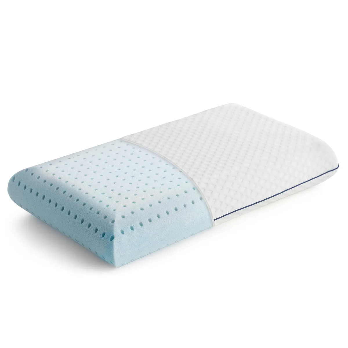 White rectangular standard pillow with ventilated gel memory foam core and removable cover, 25 by 16 inches