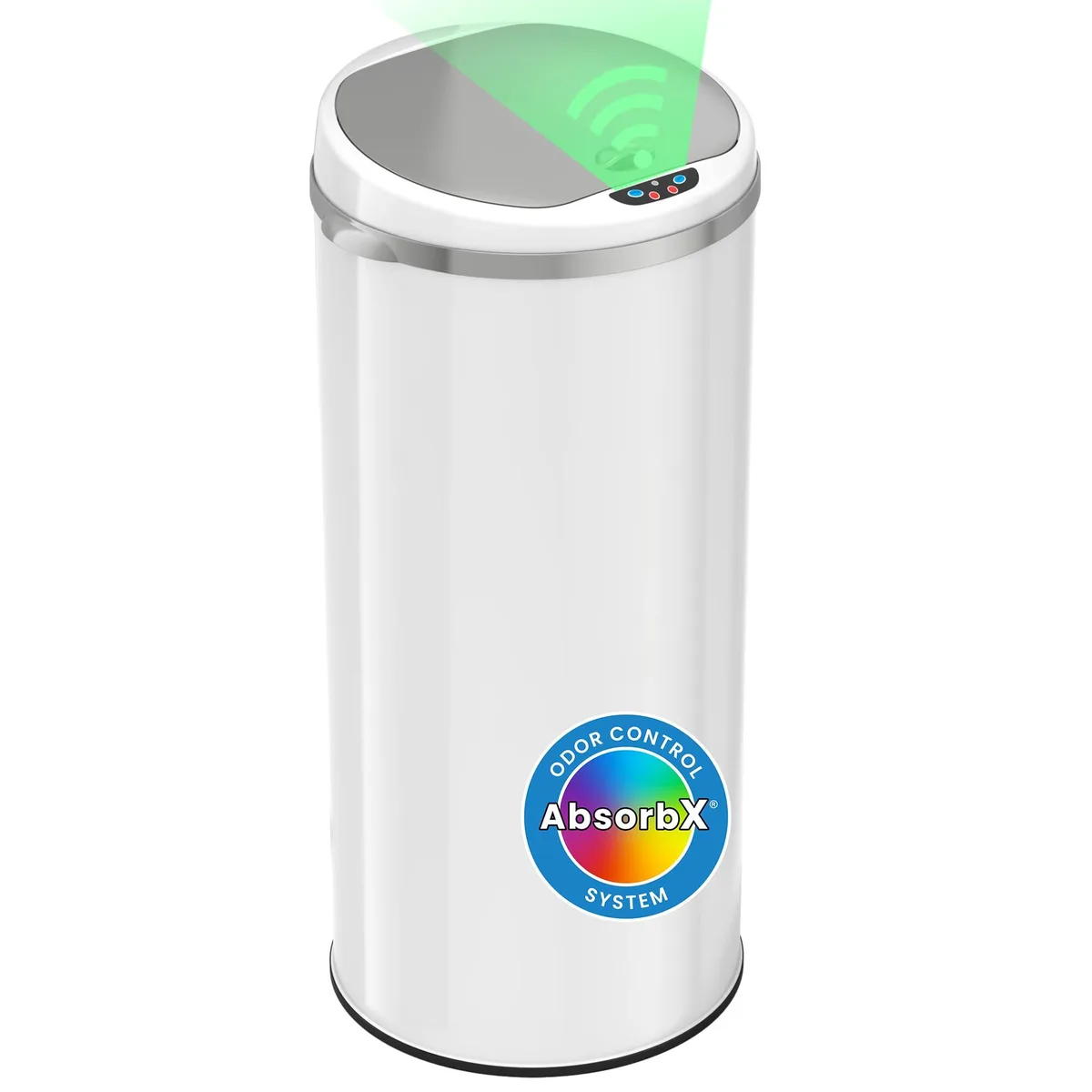 Three white cylindrical sensor trash cans with stainless steel finish standing together