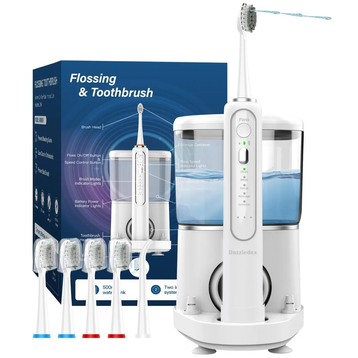 White 2-in-1 electric toothbrush and water flosser unit with detachable brush handle and 500 ml tank