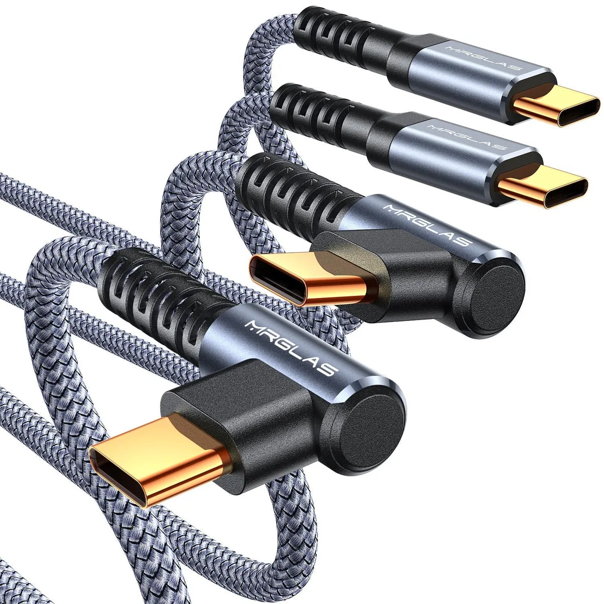 Two grey nylon-braided USB-C cables with right-angle gold-plated connectors