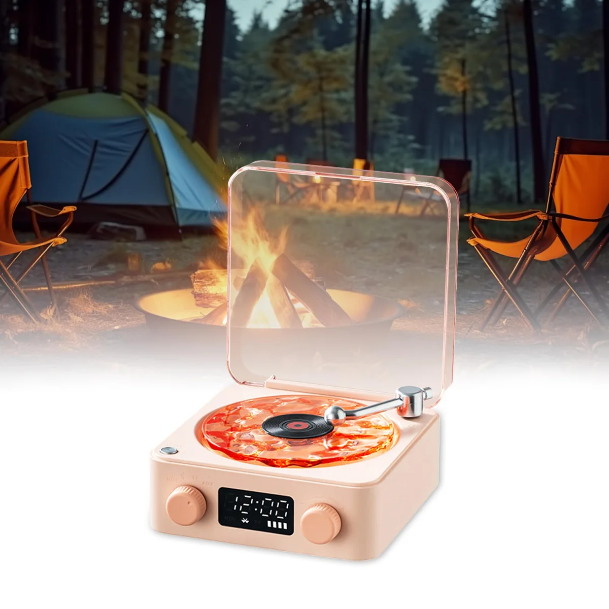 Pink portable turntable speaker with transparent water ripple platter and ambient light
