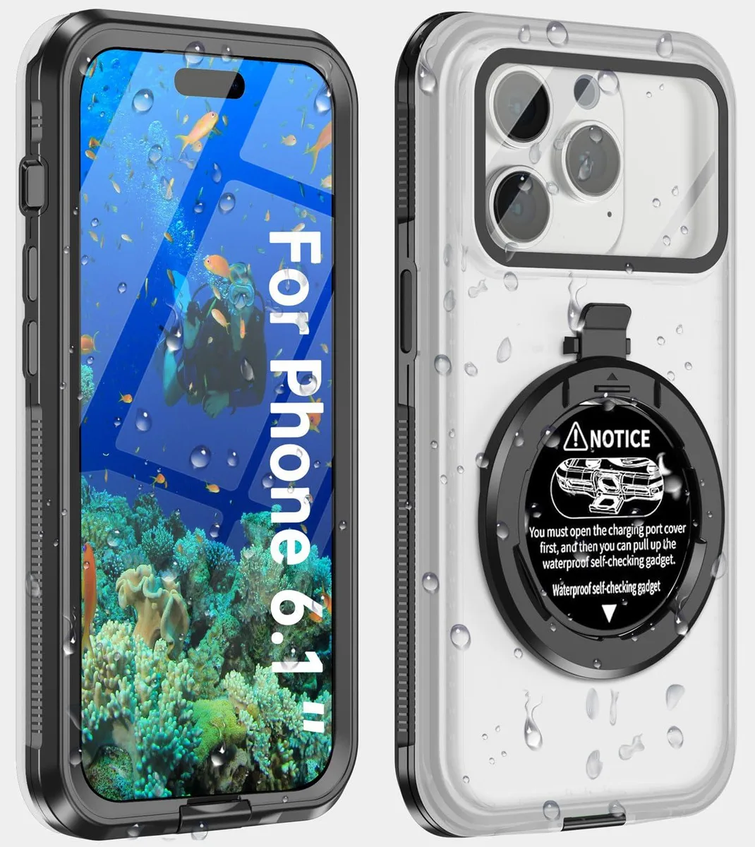 Black waterproof phone pouch with clear window and lanyard