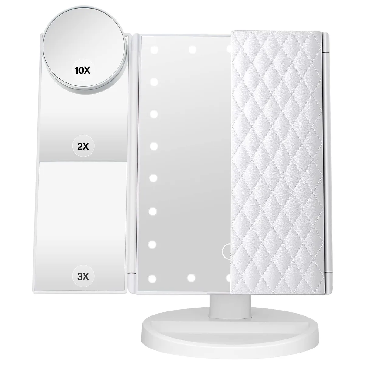 White rectangular tri-fold LED mirror with leather-like finish, 22 LEDs, 11.2 by 4.7 inches