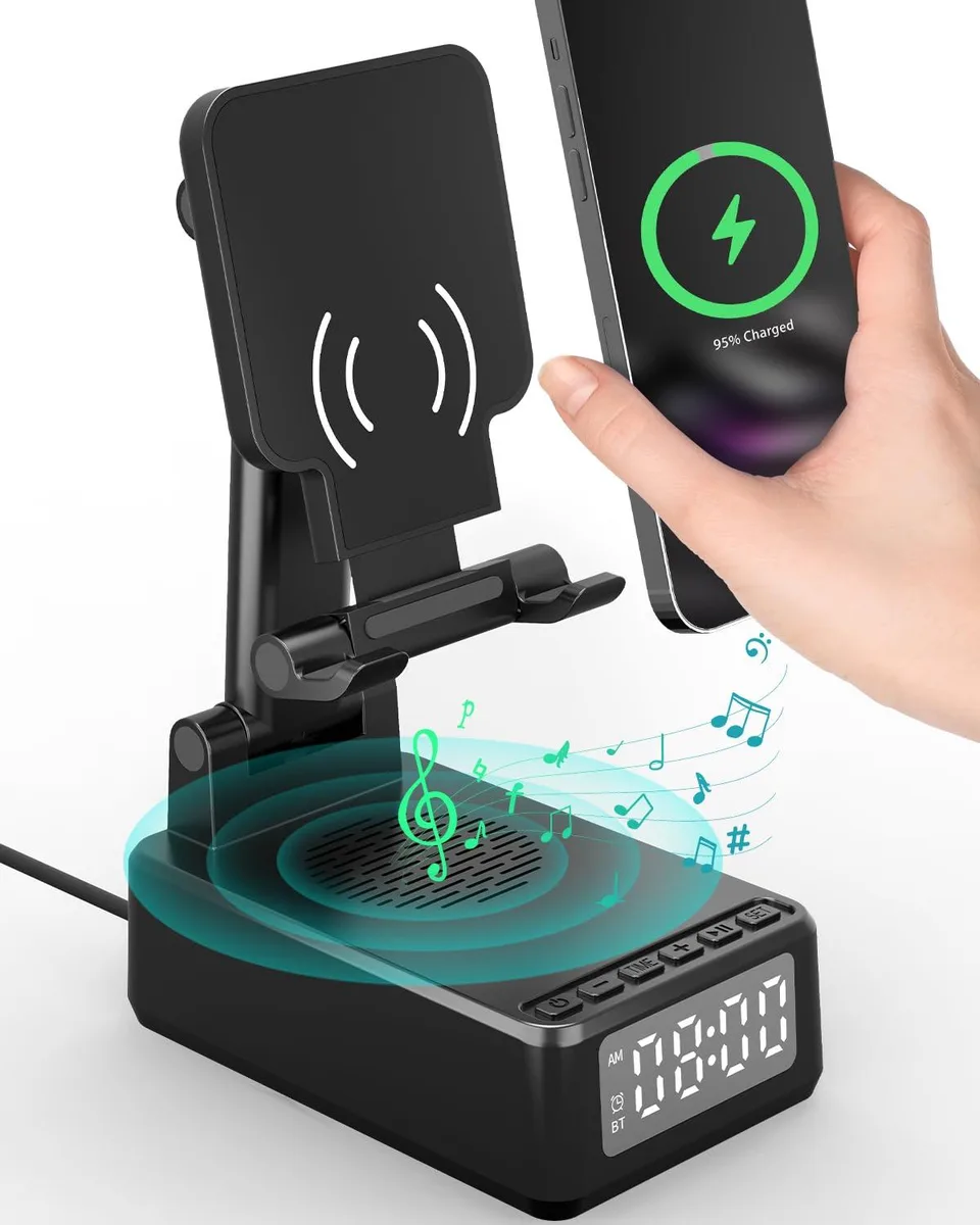 Foldable phone stand with Bluetooth speaker, wireless charger and digital clock