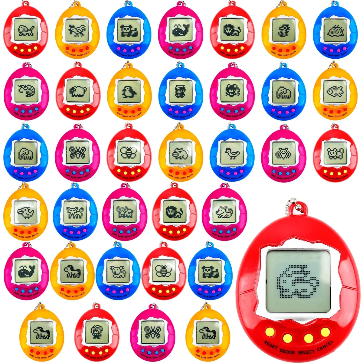 Thirty-six egg-shaped plastic virtual pet keychains in blue pink red yellow with split rings and four buttons