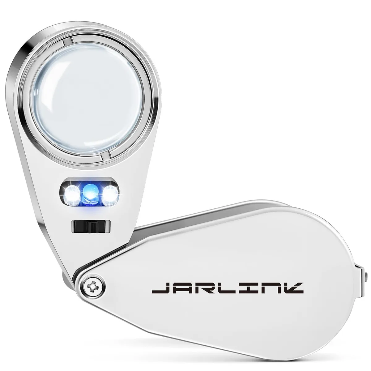 Two foldable metal loupes with blue finish, LED and UV lights, 40x magnification
