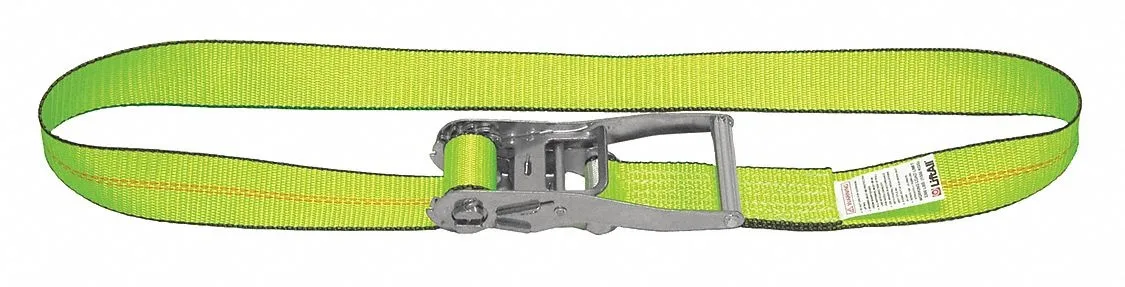 Green polyester ratchet tie-down strap with steel hardware, 27 ft endless loop
