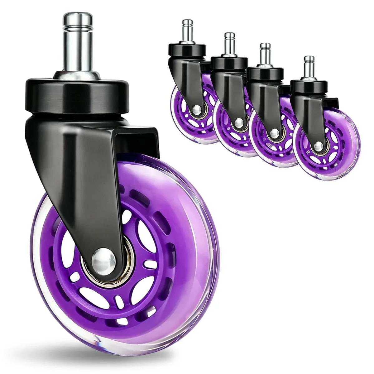 3" Office Chair Wheels Purple Stem Mount 10mm Diameter — product photo