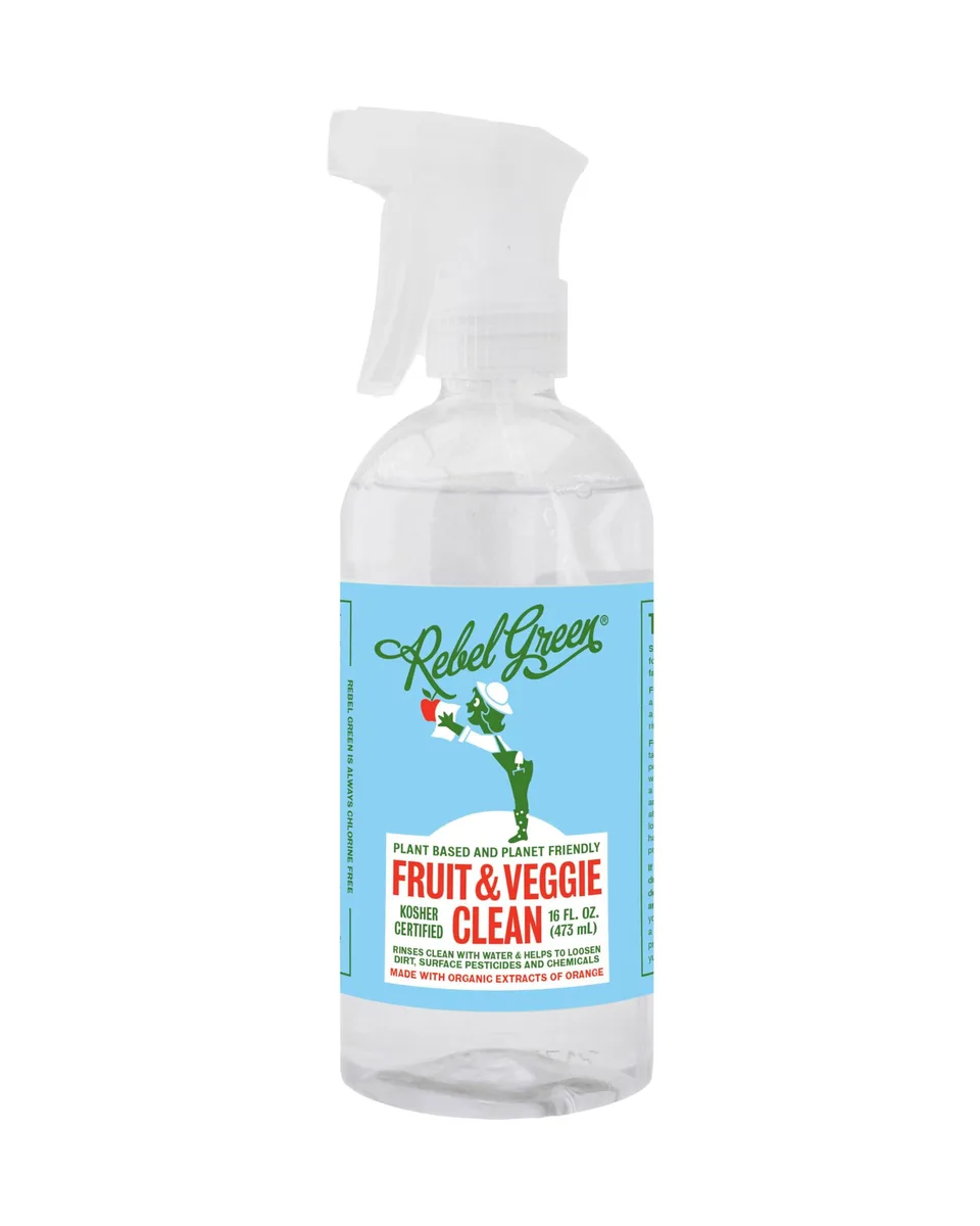 White spray bottle with green label, 16 FL OZ plant-based produce cleaner