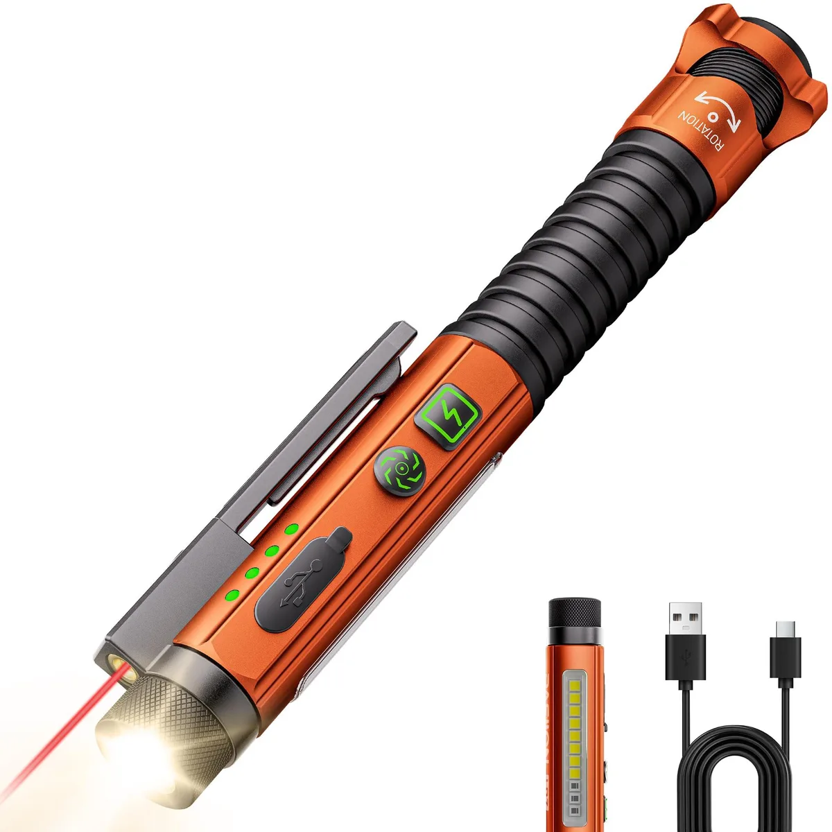 Compact cylindrical aluminium flashlight with magnetic clip and tail base, USB-C port, glass breaker tips and bottle opener