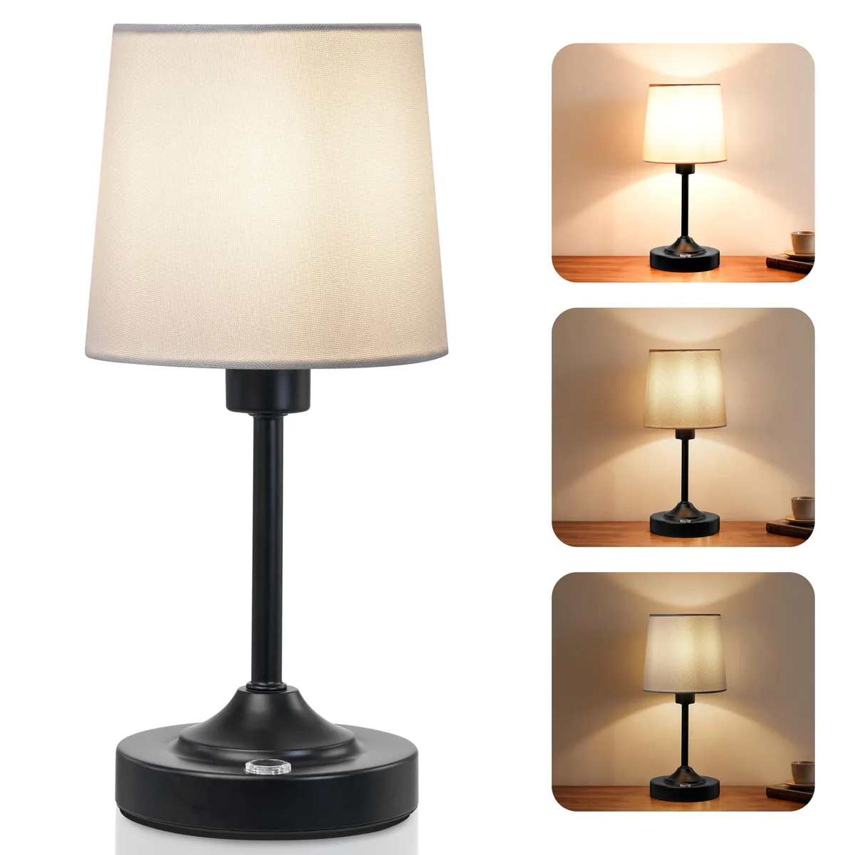 Ink black cordless table lamp, round linen shade, touch base, 11.4 inches tall